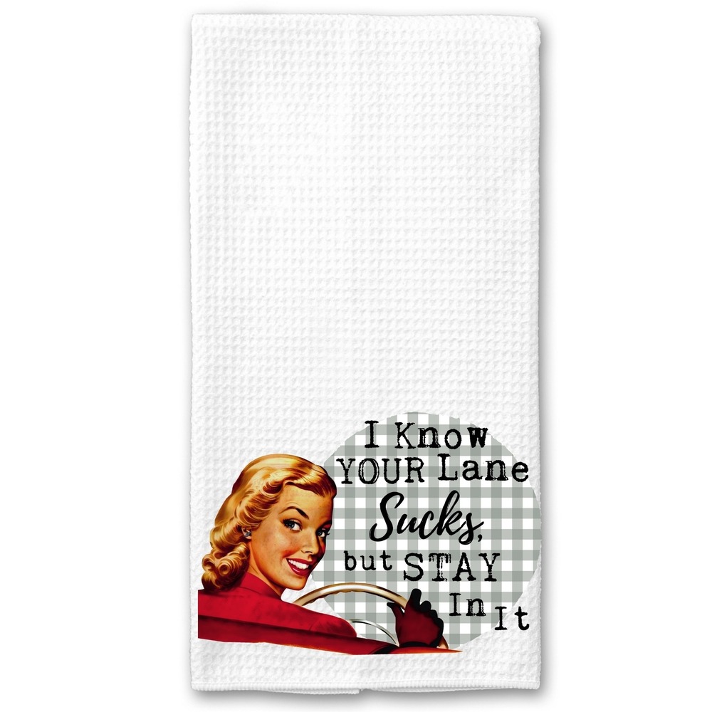 Stay In Your Lane Sassy Vintage Woman Waffle Weave Kitchen Towel White Humor